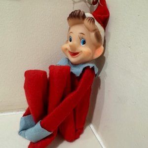 Vintage Knee Hugger Elf on a Shelf Rubber Face Felt Bell Kitsch Christmas Pixie
